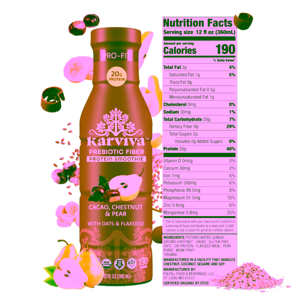 Karviva cacao chestnut pear protein smoothie bottle