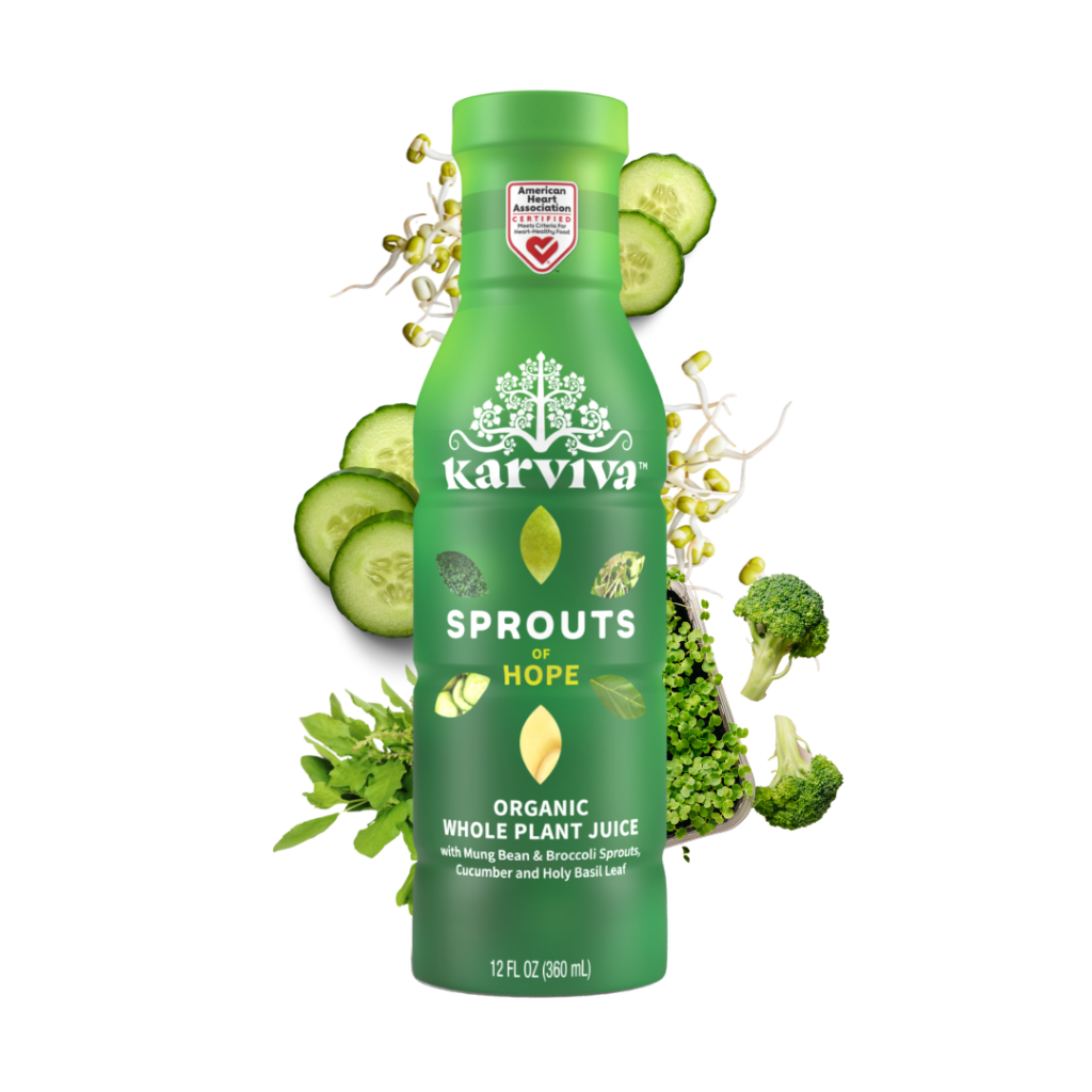 Karviva Sprouts of Hope organic plant juice bottle.