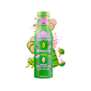 Green Karviva sprouts organic juice bottle.