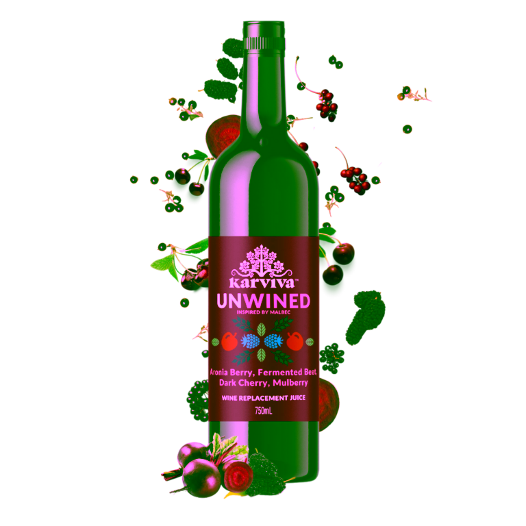 Karviva Unwined Malbec-inspired alcohol-free botanical juice bottle