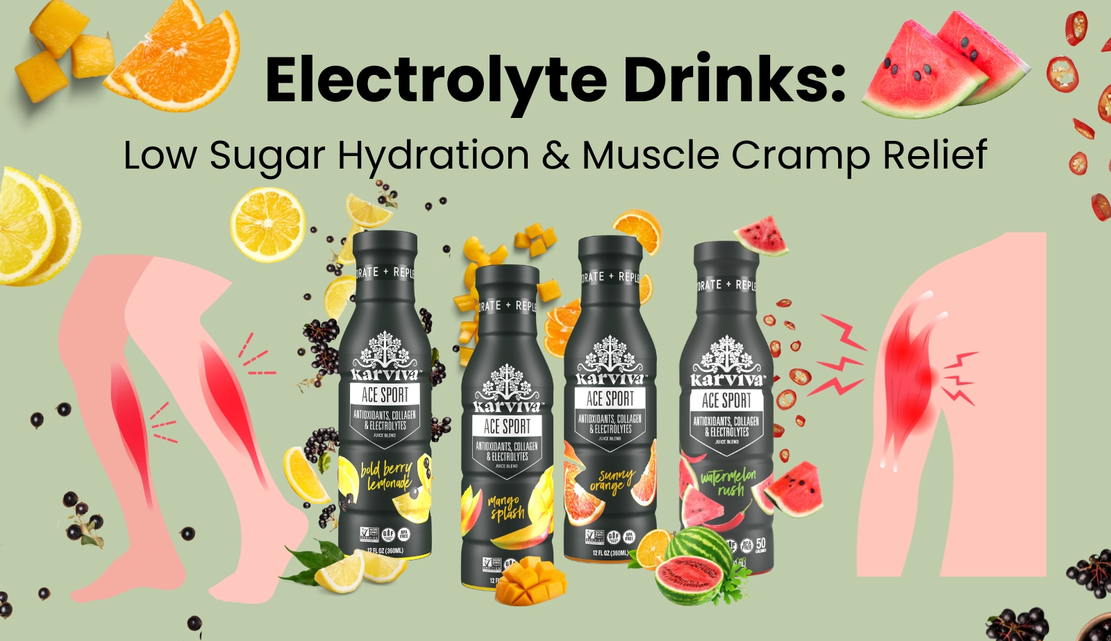Karviva ACE Sport electrolyte drinks with flavors like Bold Berry Lemonade, Mango Splash, and Watermelon Rush, highlighting low sugar hydration and muscle cramp relief.