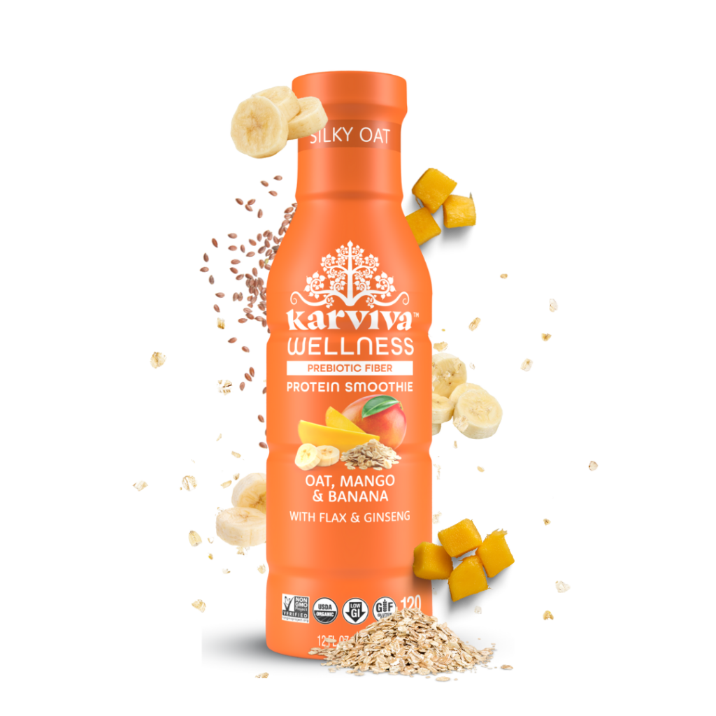 An image of the Karviva wellness prebiotic fibre protein smoothie of oats, mango, and banana.