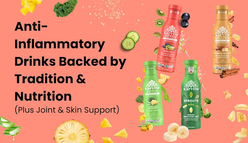 Anti-inflammatory drinks with joint and skin support, featuring Karviva bottles, fruits, and vegetables on a coral background.