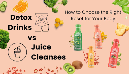 Detox drinks vs juice cleanses graphic with healthy fruits, vegetables, and bottled beverages.