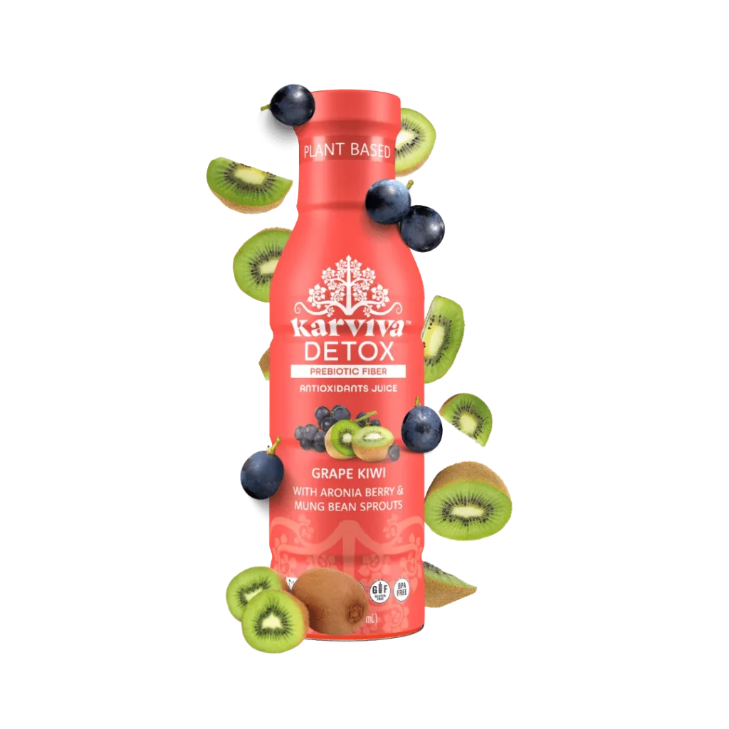 Karviva Detox Grape Kiwi juice with aronia berry, mung bean sprouts, and antioxidant-rich fruits.