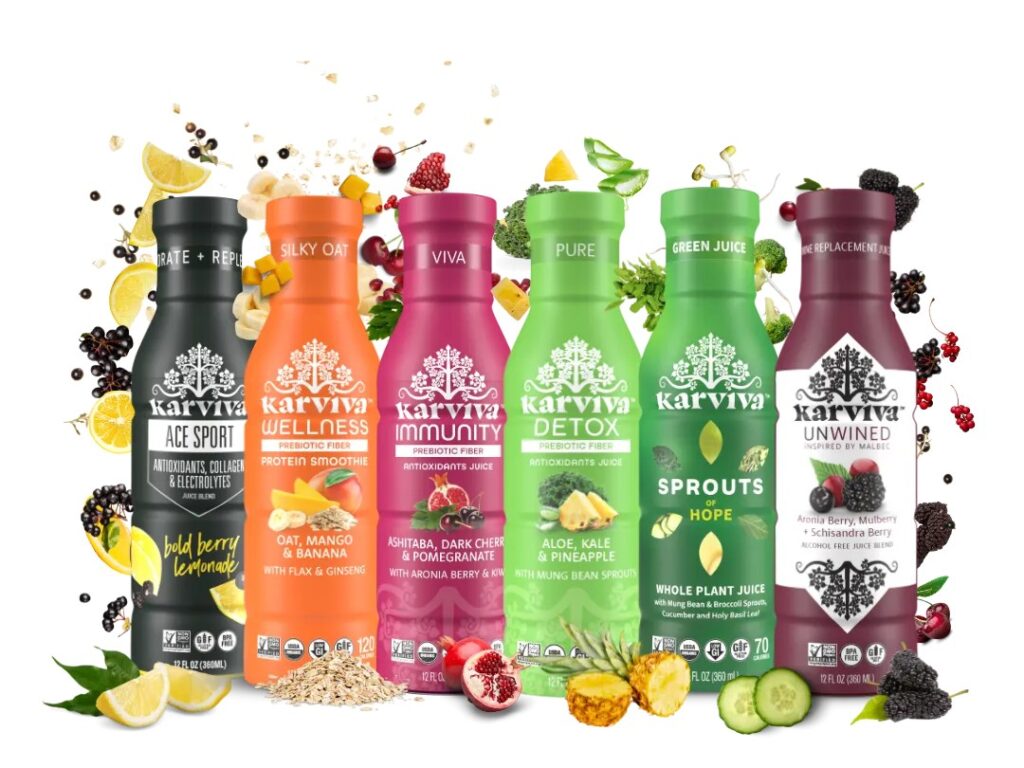 Karviva drink collection featuring wellness smoothies, green juice, detox blends, and Unwined.
