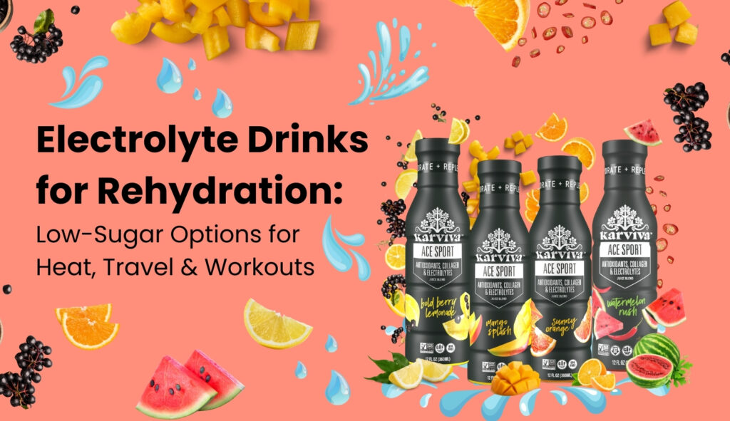 Karviva ACE Sport juice blends in Bold Berry, Mango Splash, Sunny Orange, and Watermelon Rush.