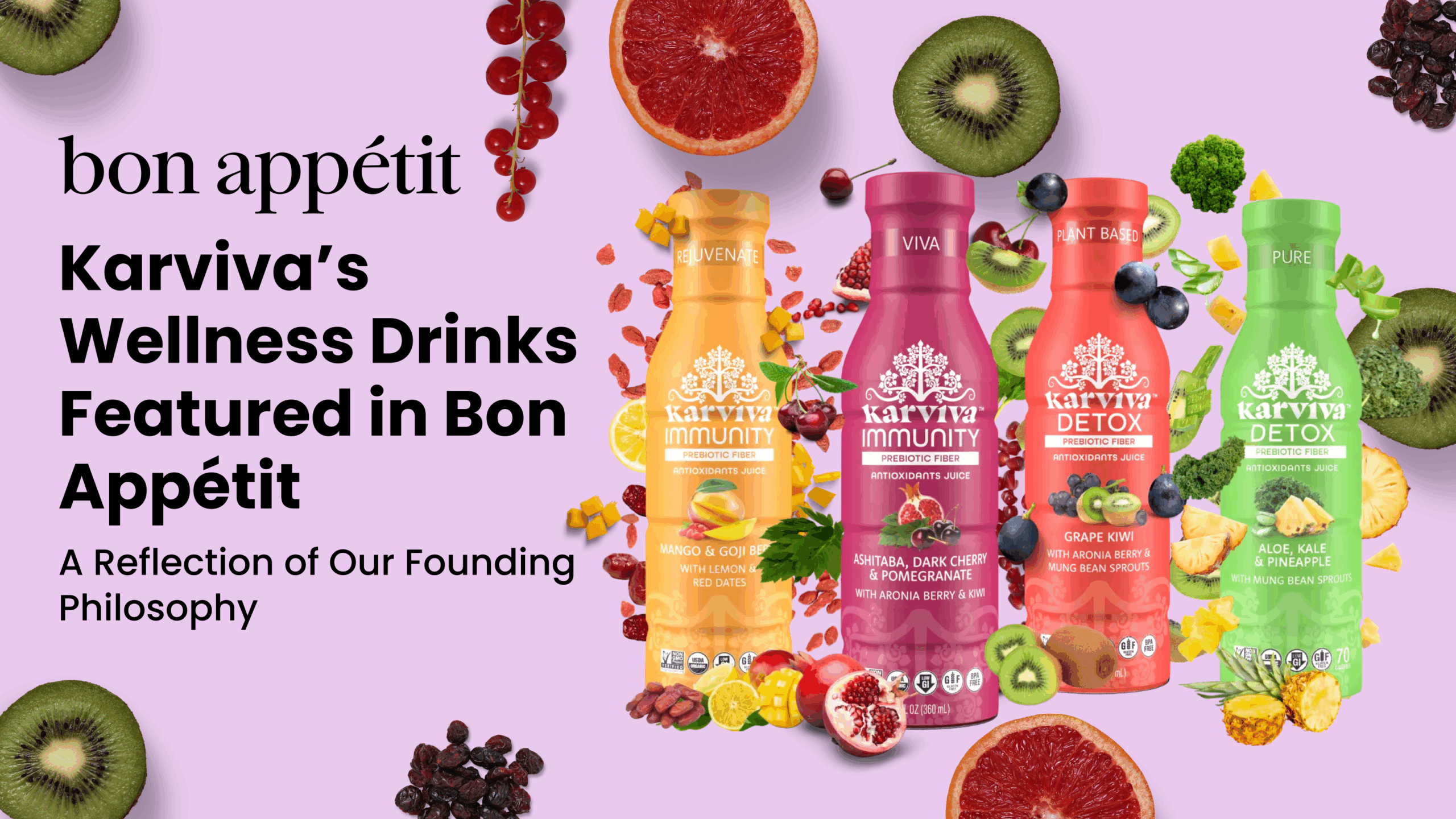 Karviva Wellness Drinks in Mango & Goji, Ashitaba & Dark Cherry, Grape Kiwi, and Aloe, Kale & Pineapple flavors, featured in Bon Appétit for gut health and detox.