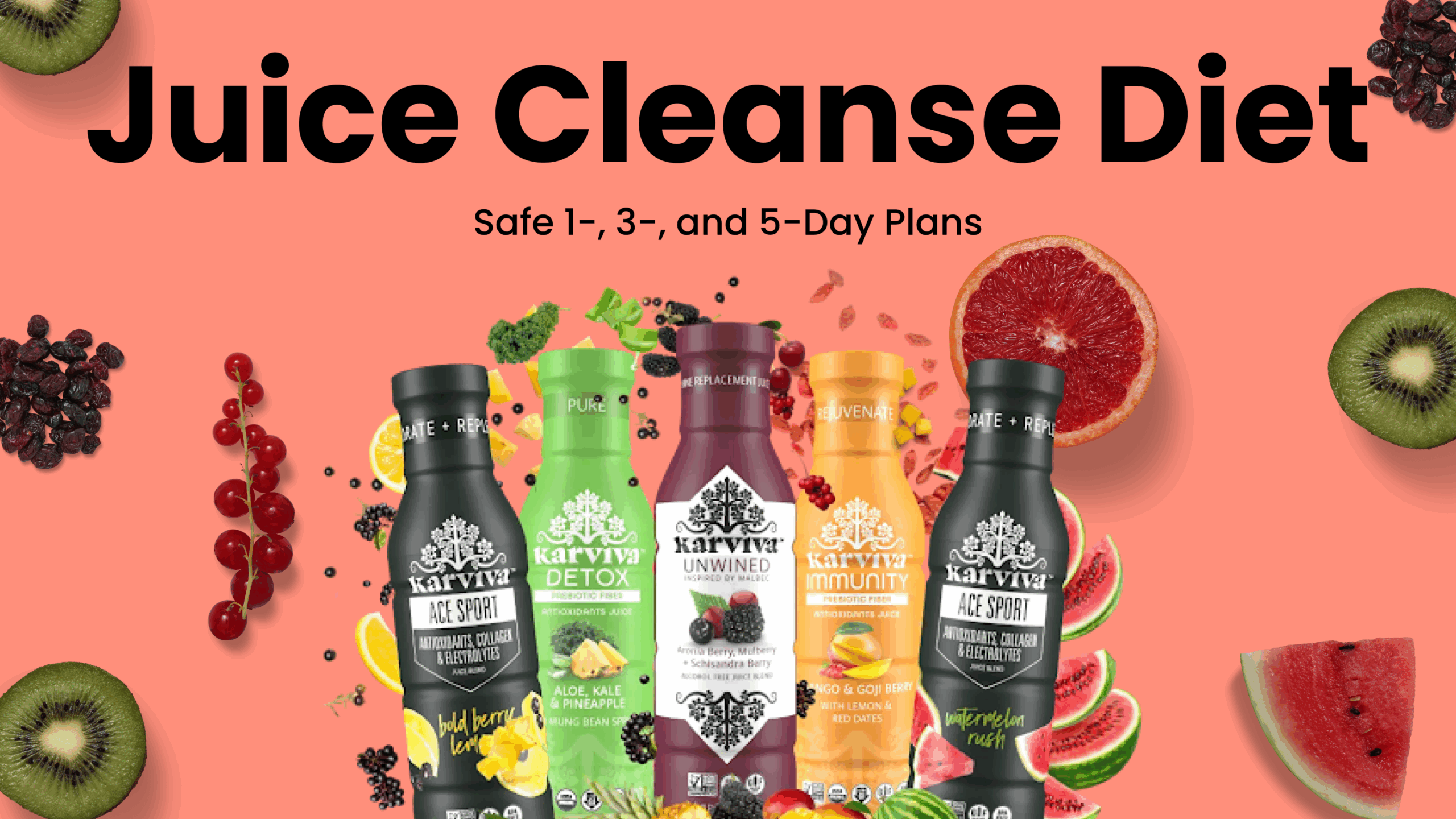 Karviva juice cleanse drinks with fruits and herbs for safe 1-, 3-, and 5-day detox plans.