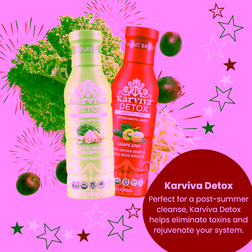  Karviva Detox Aloe, Kale Pineapple, and Grape Kiwi juices with antioxidants and prebiotic fiber for natural detox. 