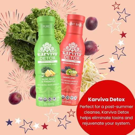  Karviva Detox Aloe, Kale Pineapple, and Grape Kiwi juices with antioxidants and prebiotic fiber for natural detox. 