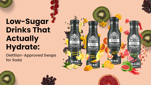 Karviva ACE Sport low-sugar drinks in fruity flavors like Mango Splash and Watermelon, surrounded by fresh fruit, marketed as healthy soda alternatives for hydration.