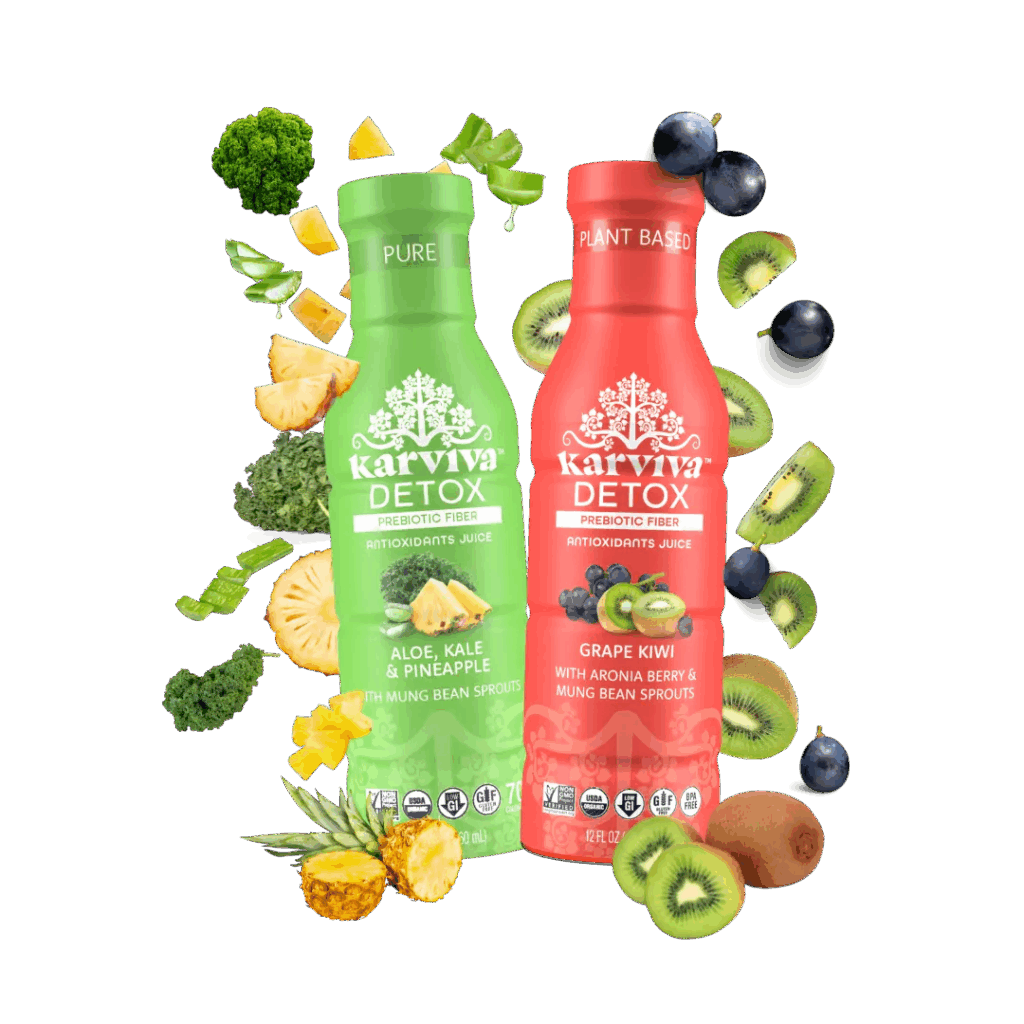 Karviva Detox juice bottles with fruits and vegetables
