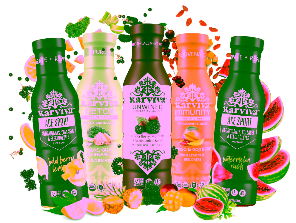 Karviva healthy juice bottles with various fruit flavors