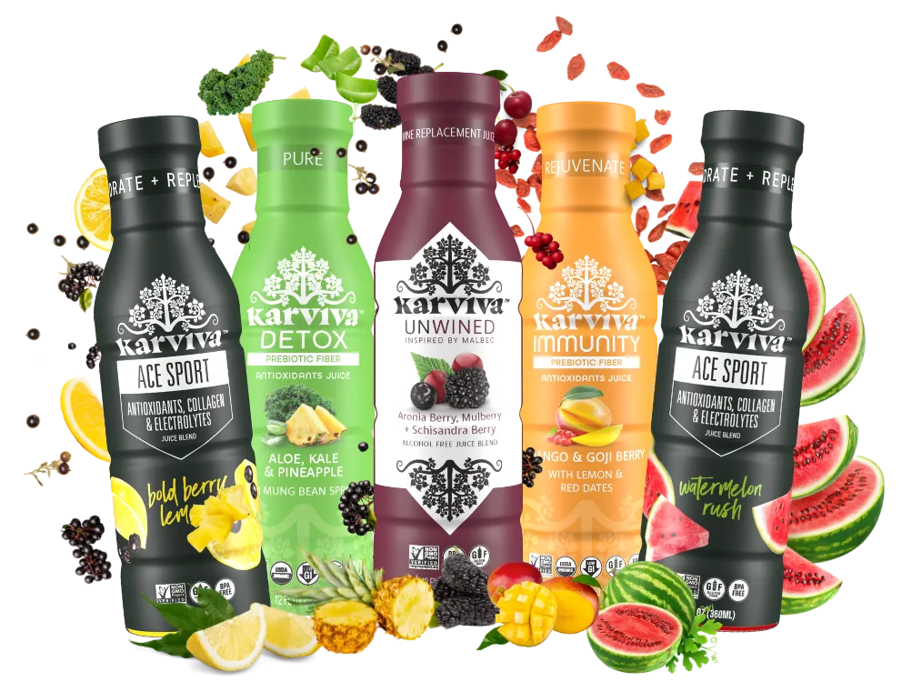 Karviva healthy juice bottles with various fruit flavors