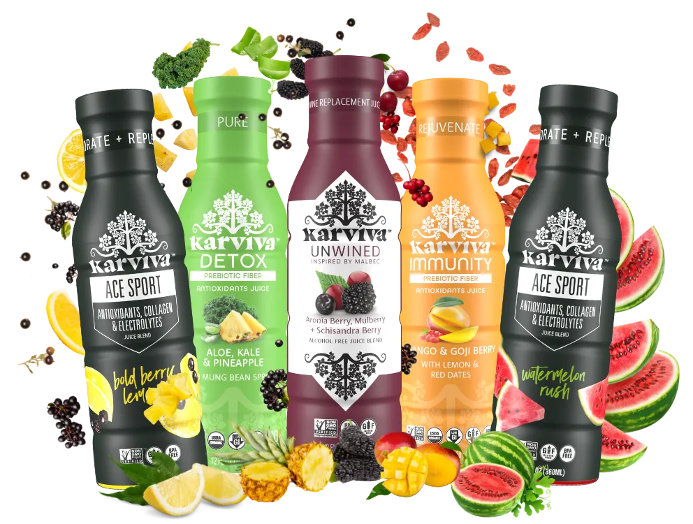 Karviva antioxidant and prebiotic juice drink bottles