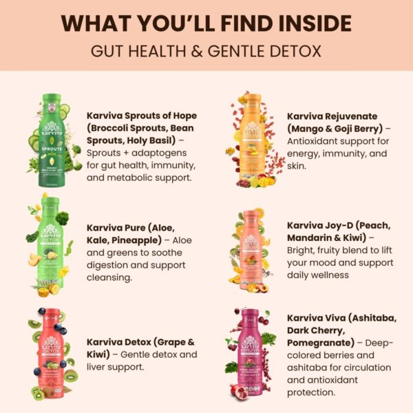 karviva organic juice cleanse variety pack – gut health, detox & skin support, 6 x 12oz Karviva drinks for gut health and gentle detox.