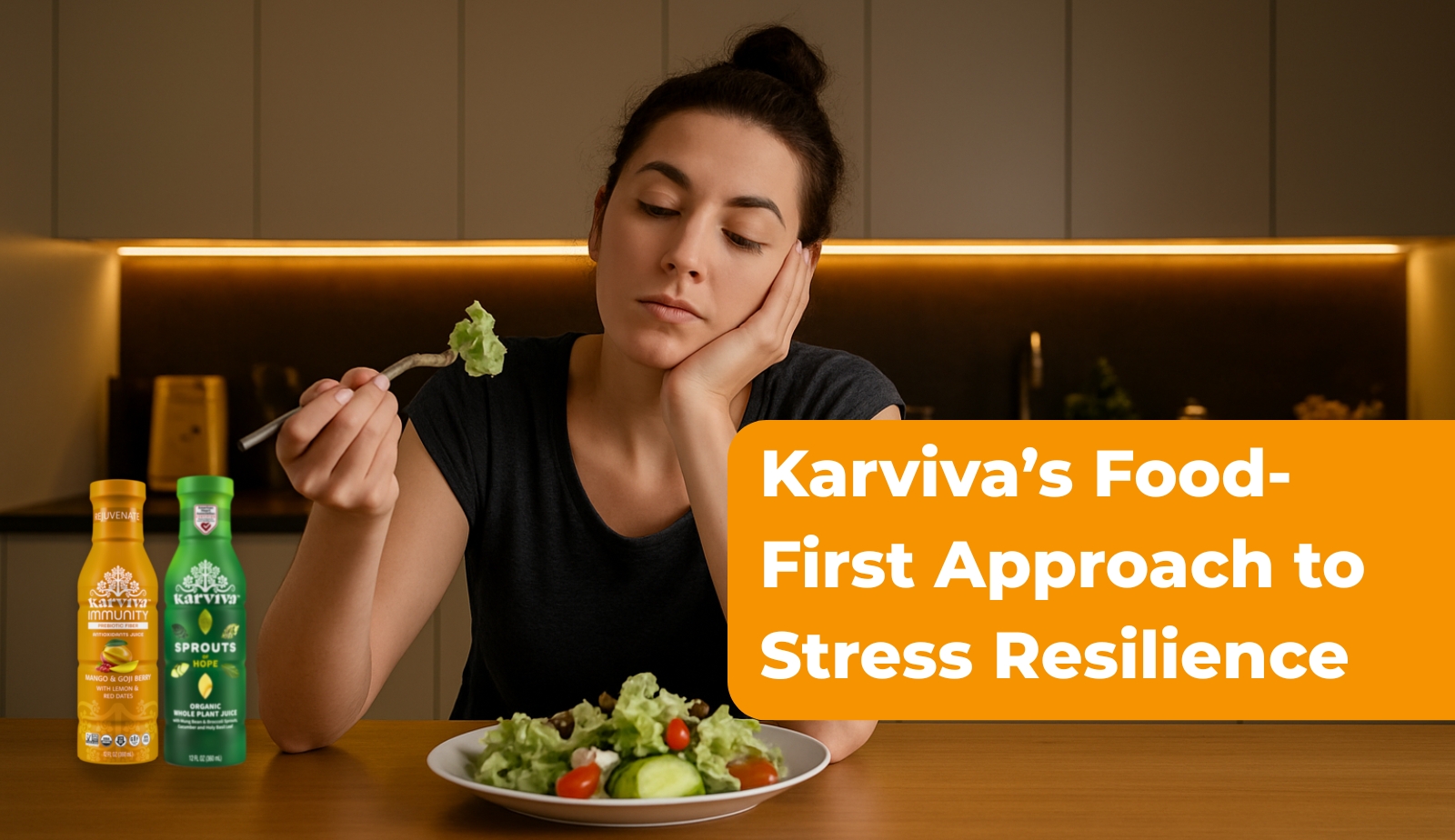 Woman eating salad with Karviva health drinks