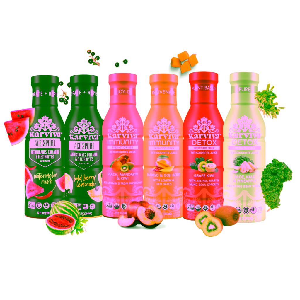 Karviva antioxidant juice bottles with assorted fruit flavors