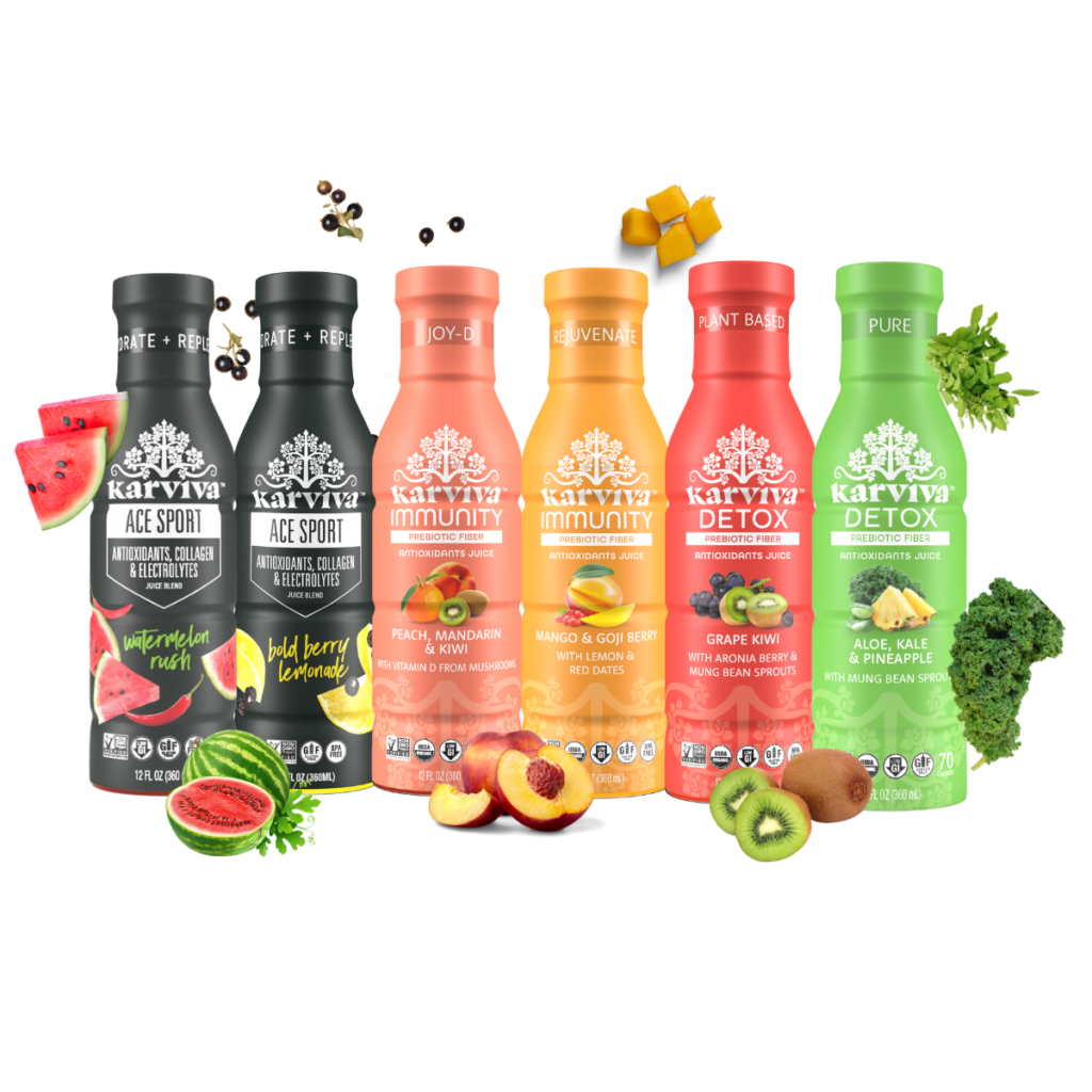 Karviva antioxidant juice bottles with assorted fruit flavors