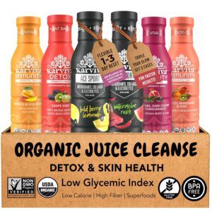 Karviva Organic Juice Cleanse & Skin Glowing Pack for Weight Control & Sugar Detox - Ancient Remedies for Gentle Detox & Collagen Boost, Low-Sugar, High Fiber, Prebiotic, Antioxidants & Vitamins, 6 BPA-Free Bottles, 12 oz Each