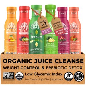 Karviva Organic Juice Cleanse Weight Control Pack - Ancient Remedies to Curb Sugar Cravings, Prebiotic Detox with Anti-Bloat Support, High Fiber Sprouts, Aloe & Adaptogens for Digestion & Gentle Cleansing, 6 BPA-Free Bottles (12 oz)