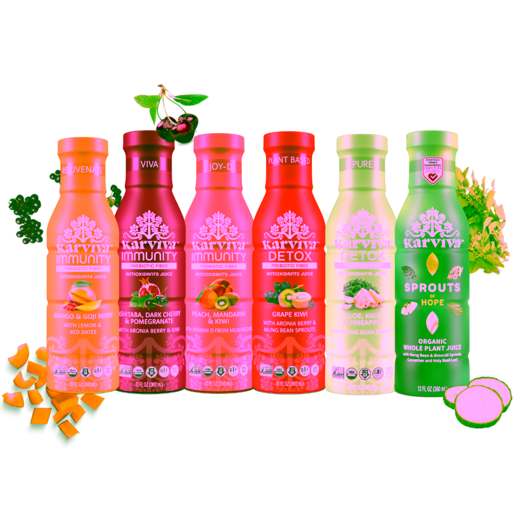 Karviva antioxidant juice bottles in assorted flavors