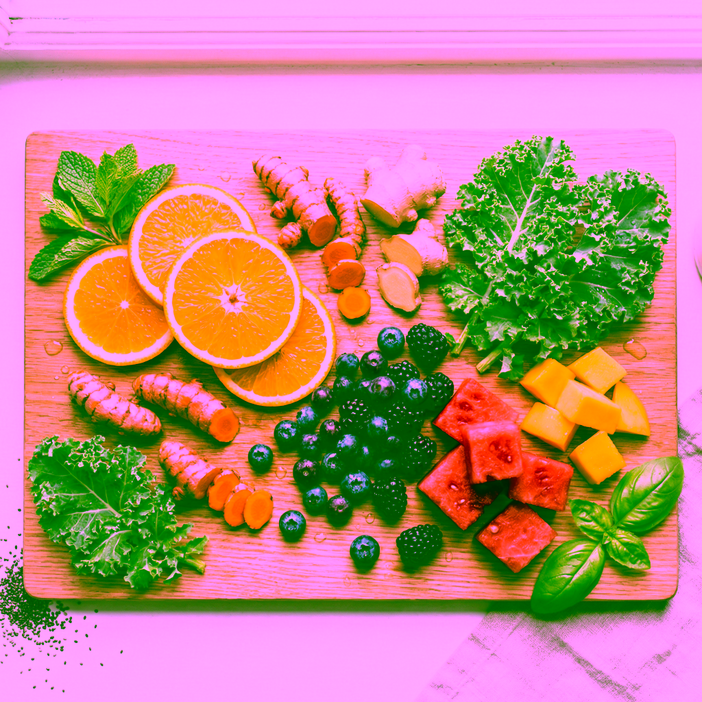 Fresh fruits and vegetables on wooden cutting board