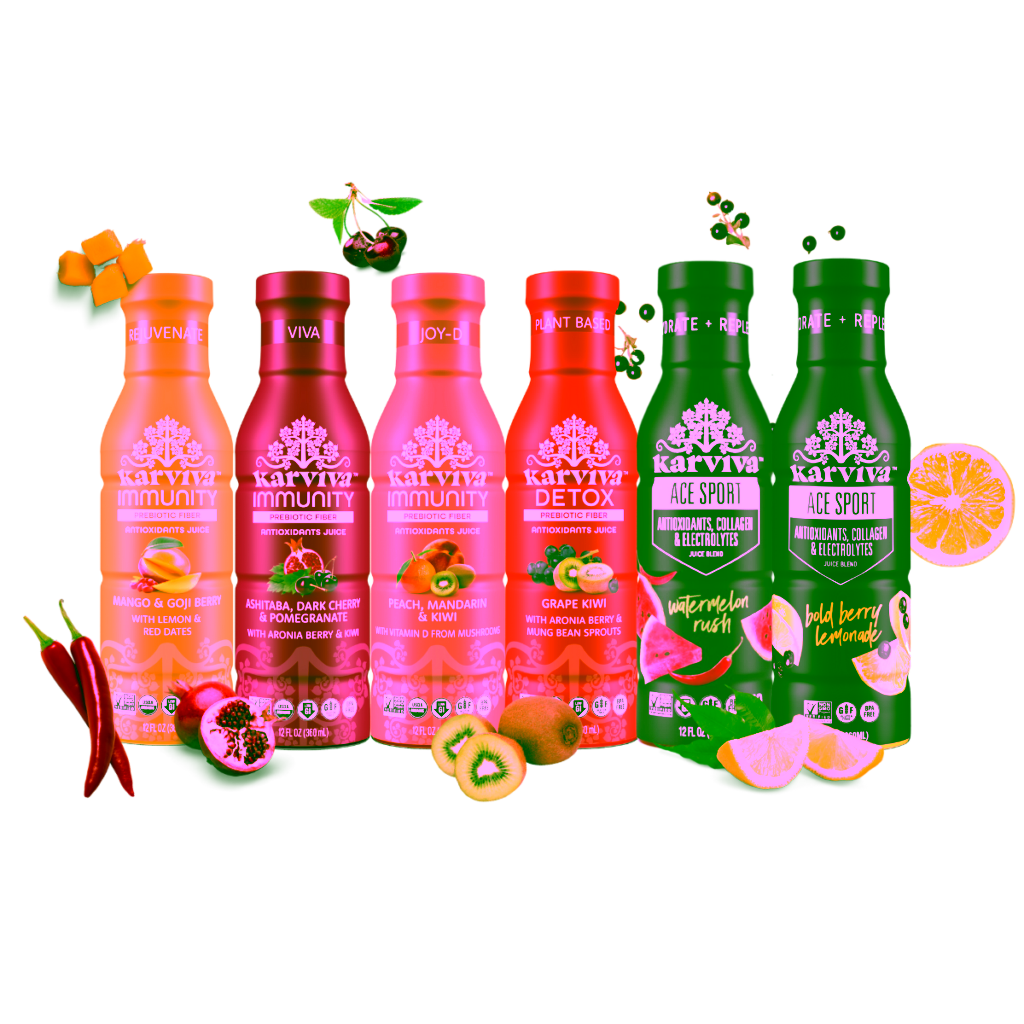 Karviva juice bottles with various fruit flavors