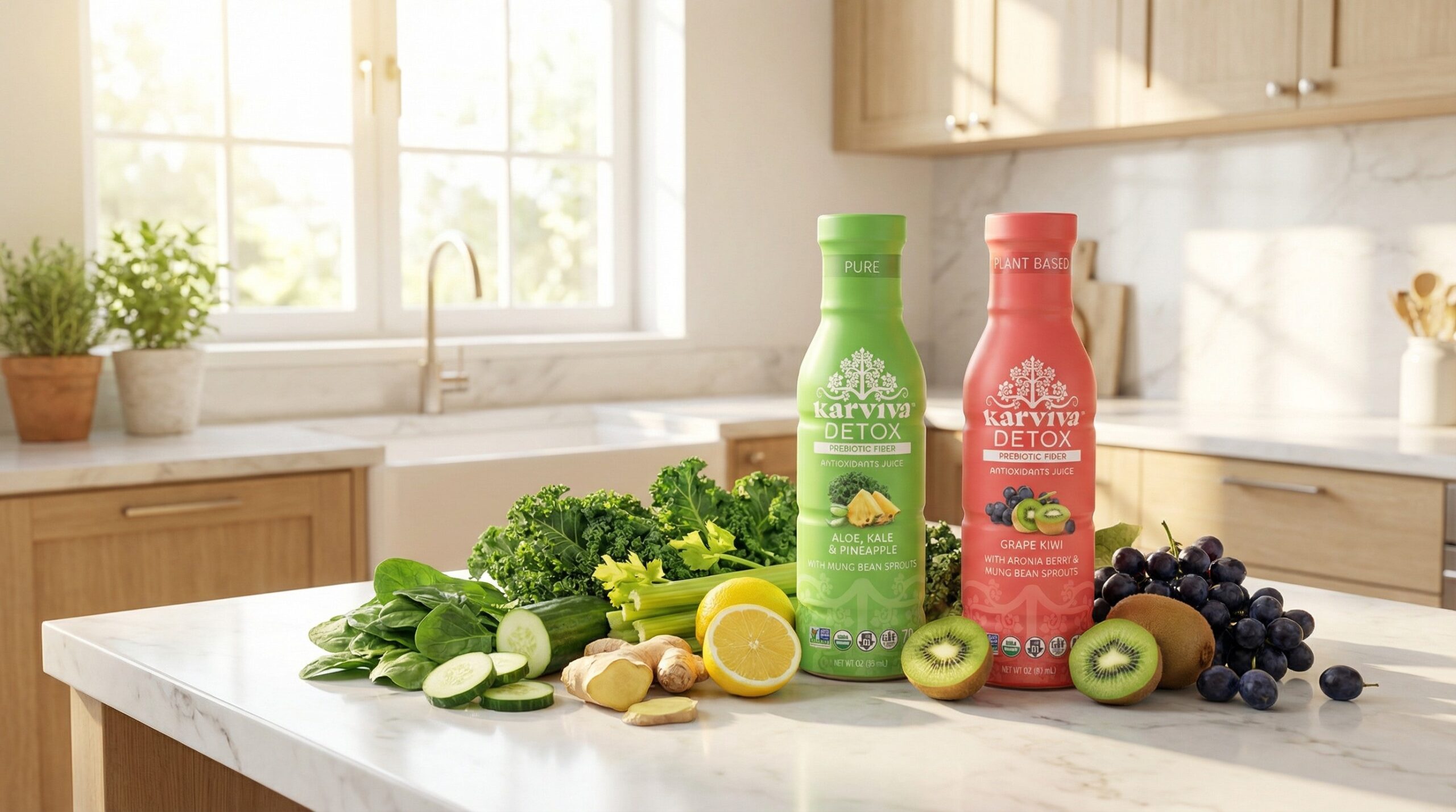 Karviva Detox juices with fresh fruits and vegetables