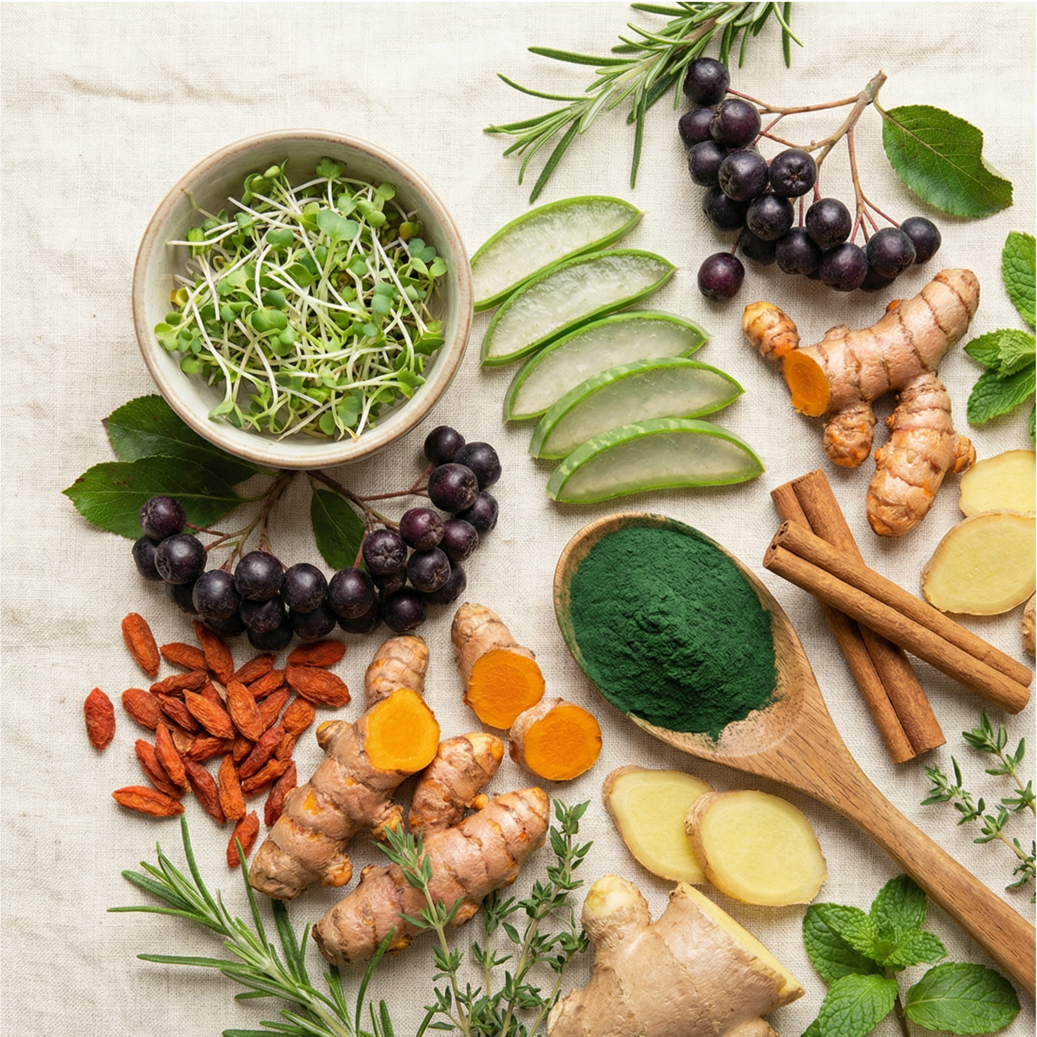 Assorted fresh herbs and superfoods on table