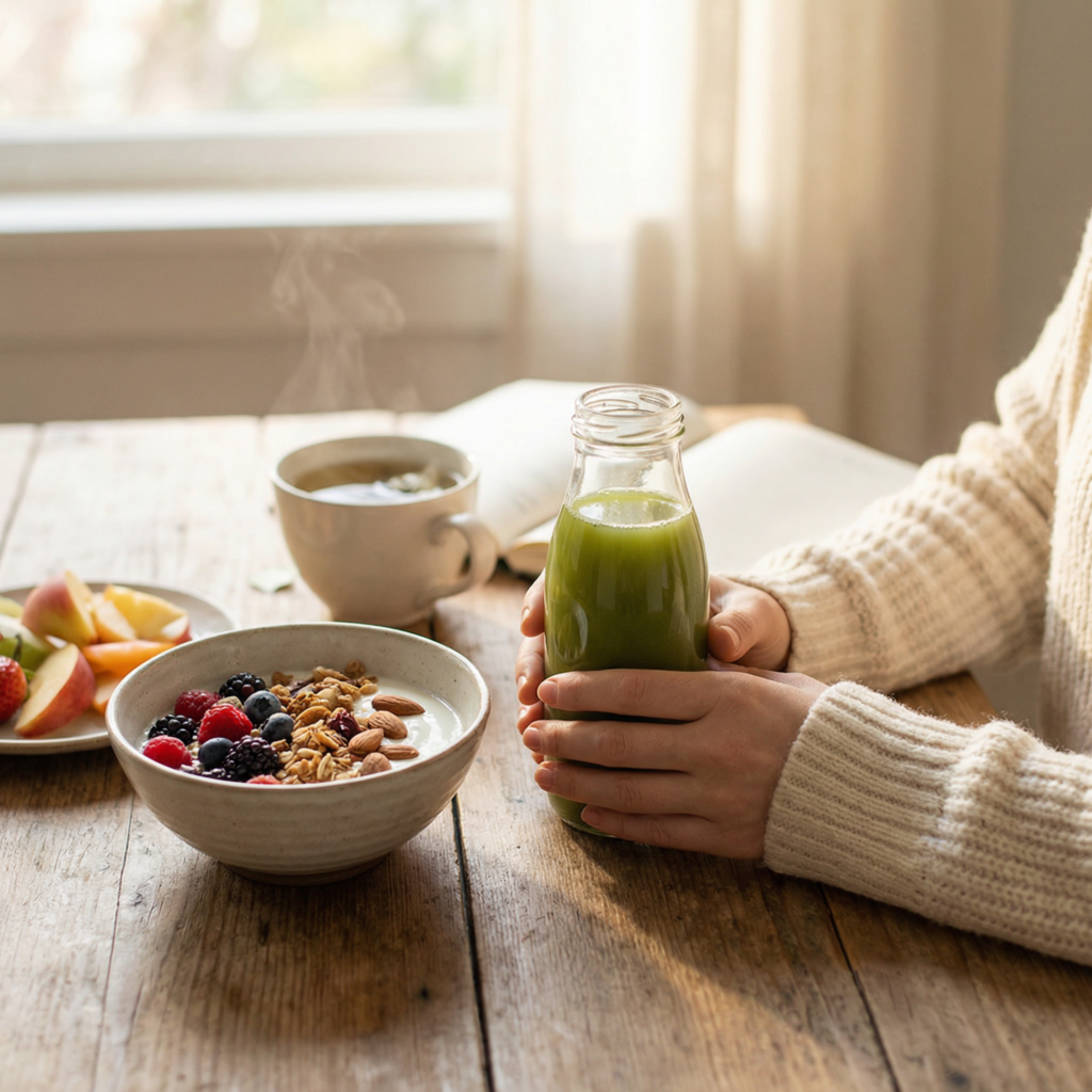 Healthy breakfast with smoothie and granola bowl