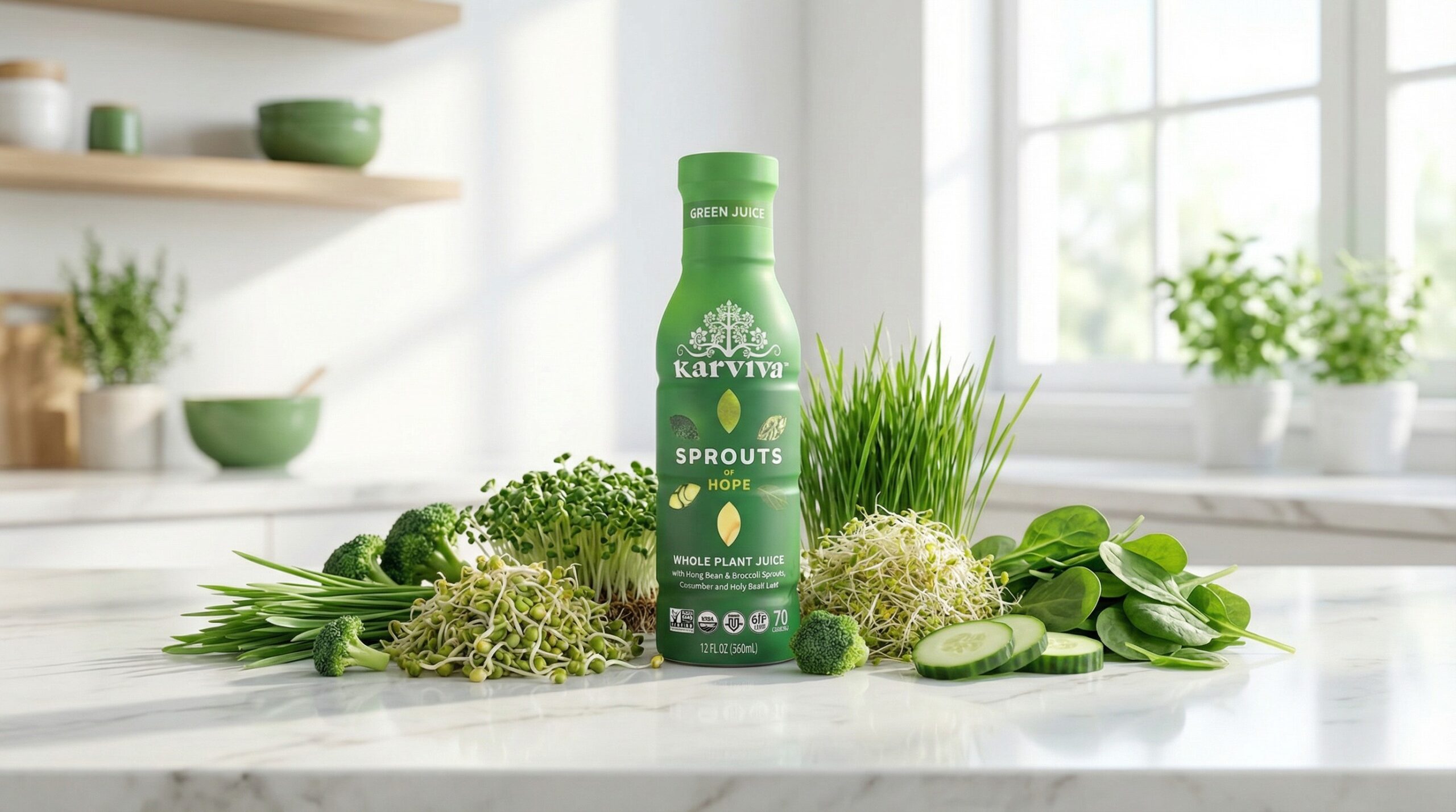 Green juice bottle with fresh vegetables and sprouts