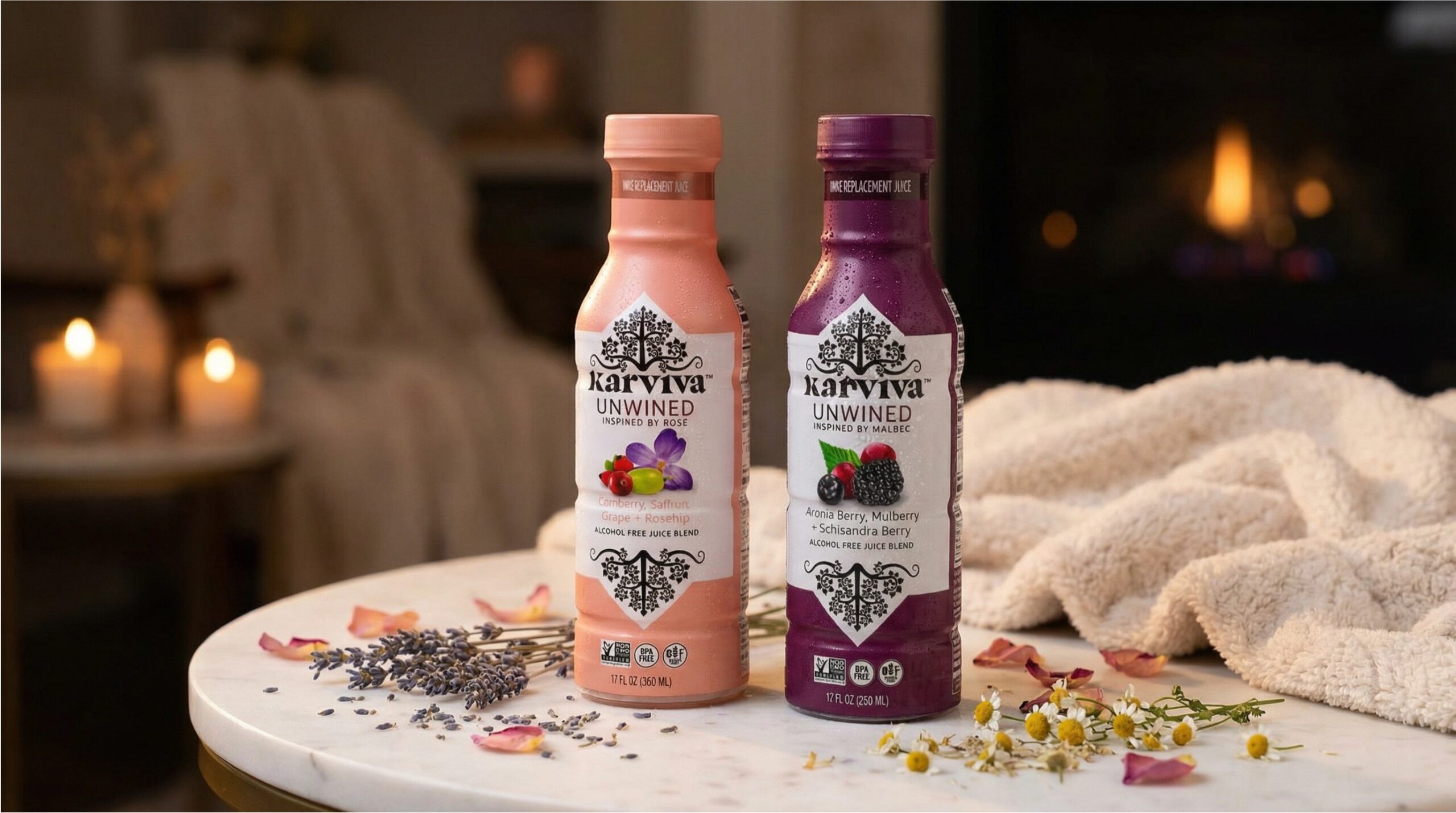 Karviva Unwined juice bottles on cozy table