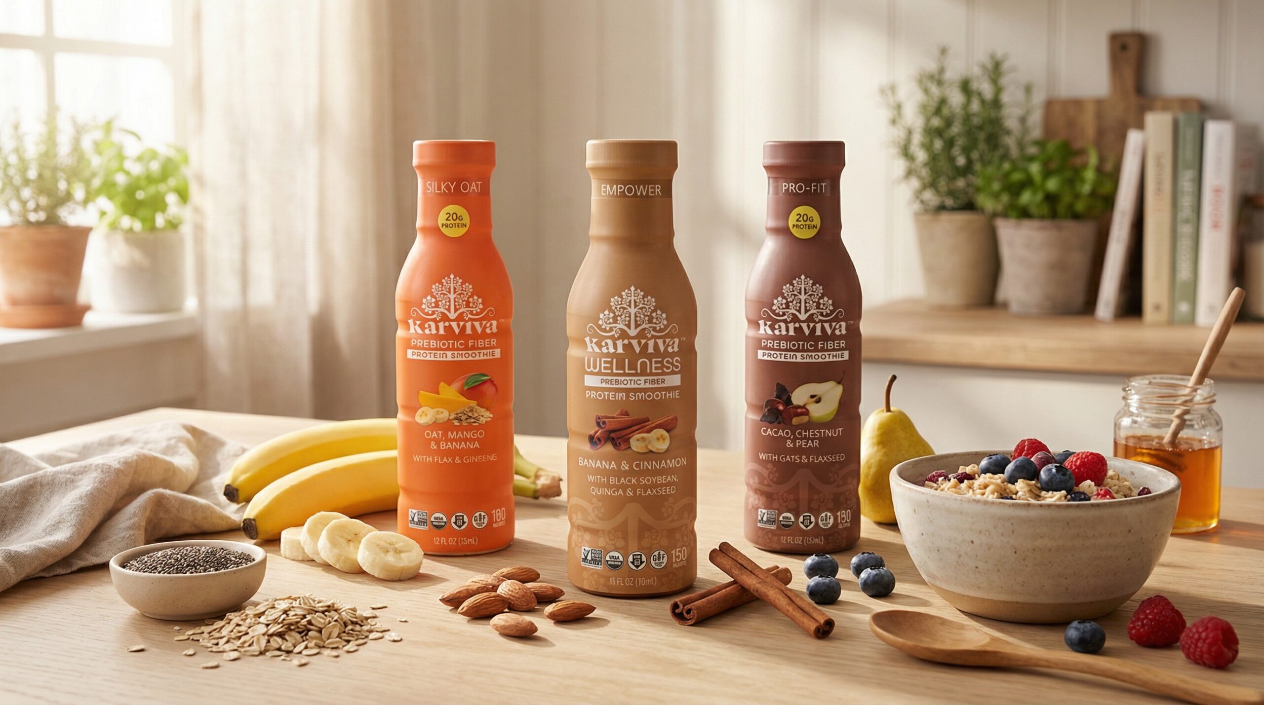 Karviva protein smoothies with fruits and oats on table