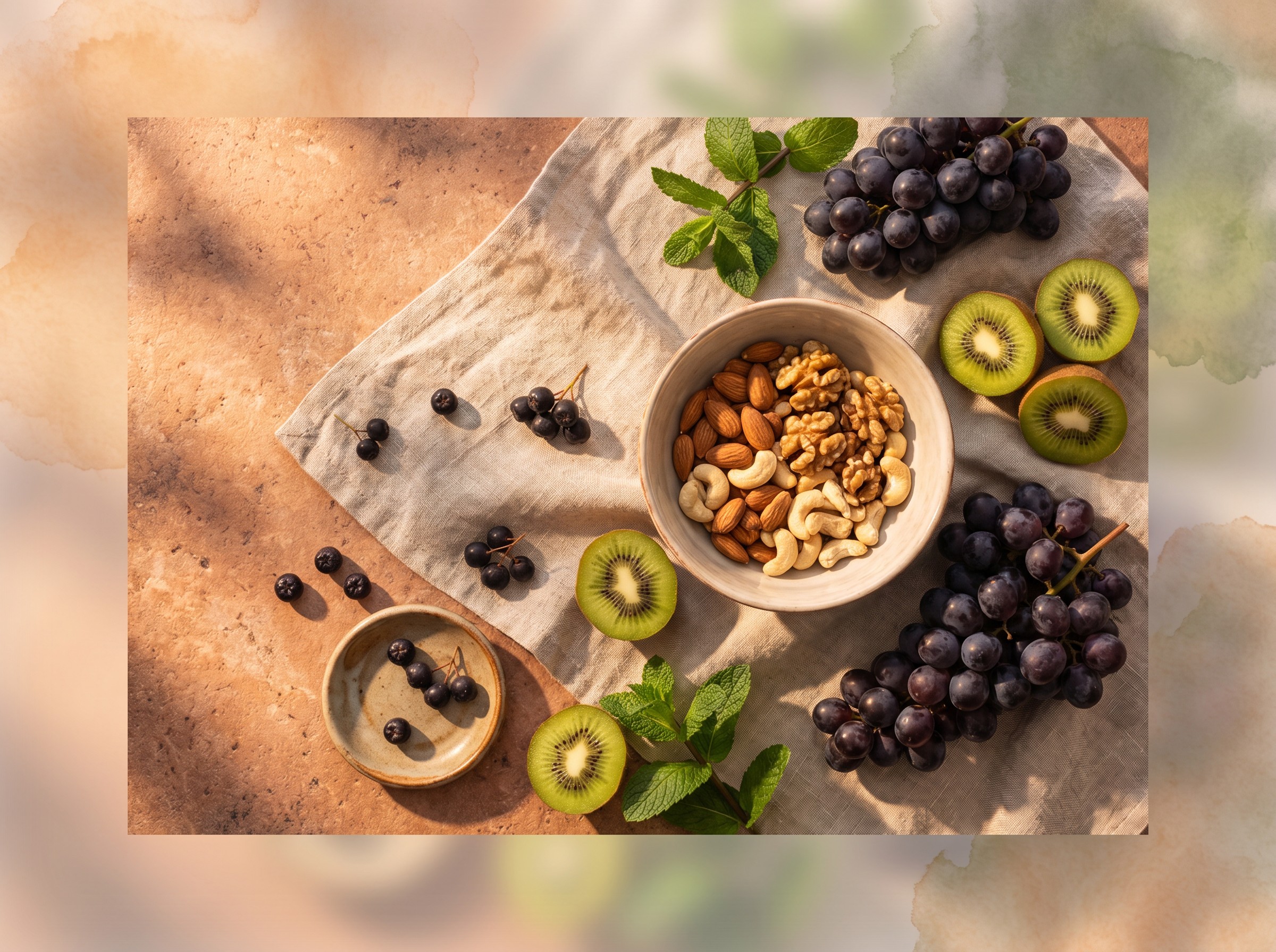 Afternoon &mdash; grapes, kiwi, aronia berries, nuts