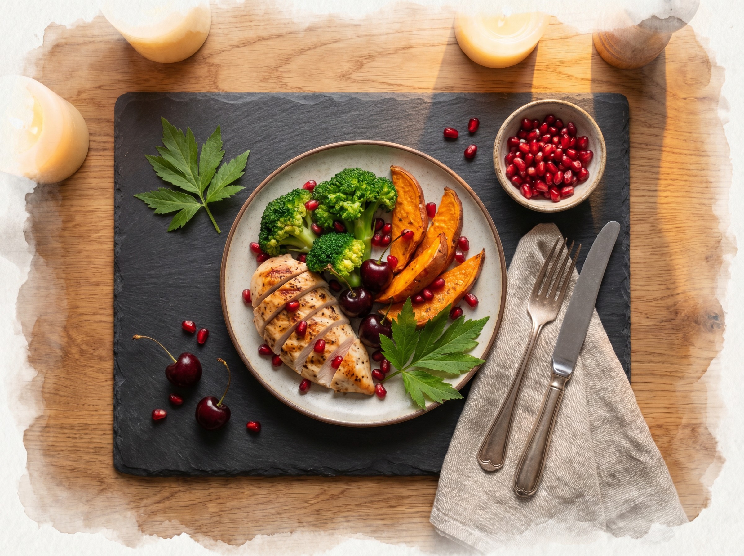 Dinner &mdash; grilled chicken, broccoli, sweet potato, pomegranate