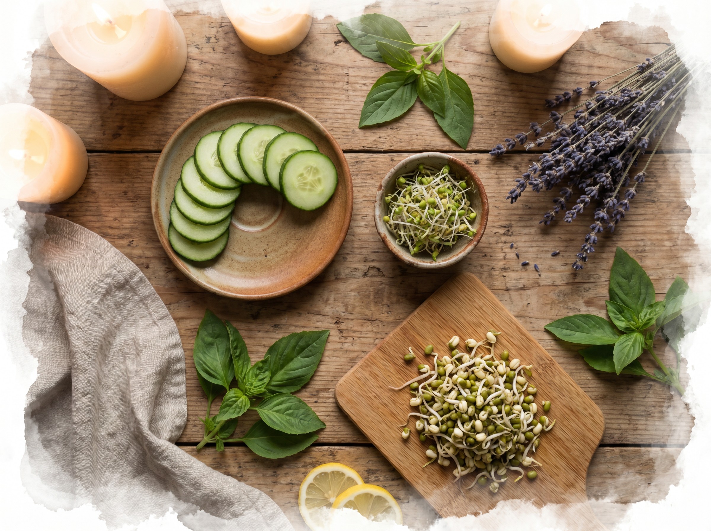 Evening &mdash; cucumber, sprouts, holy basil, lavender, candles