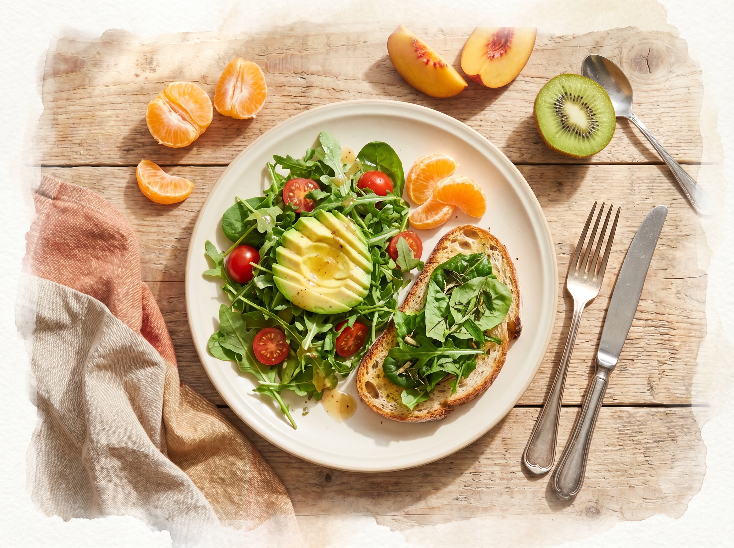 Lunch &mdash; salad, avocado, peach, mandarin, kiwi