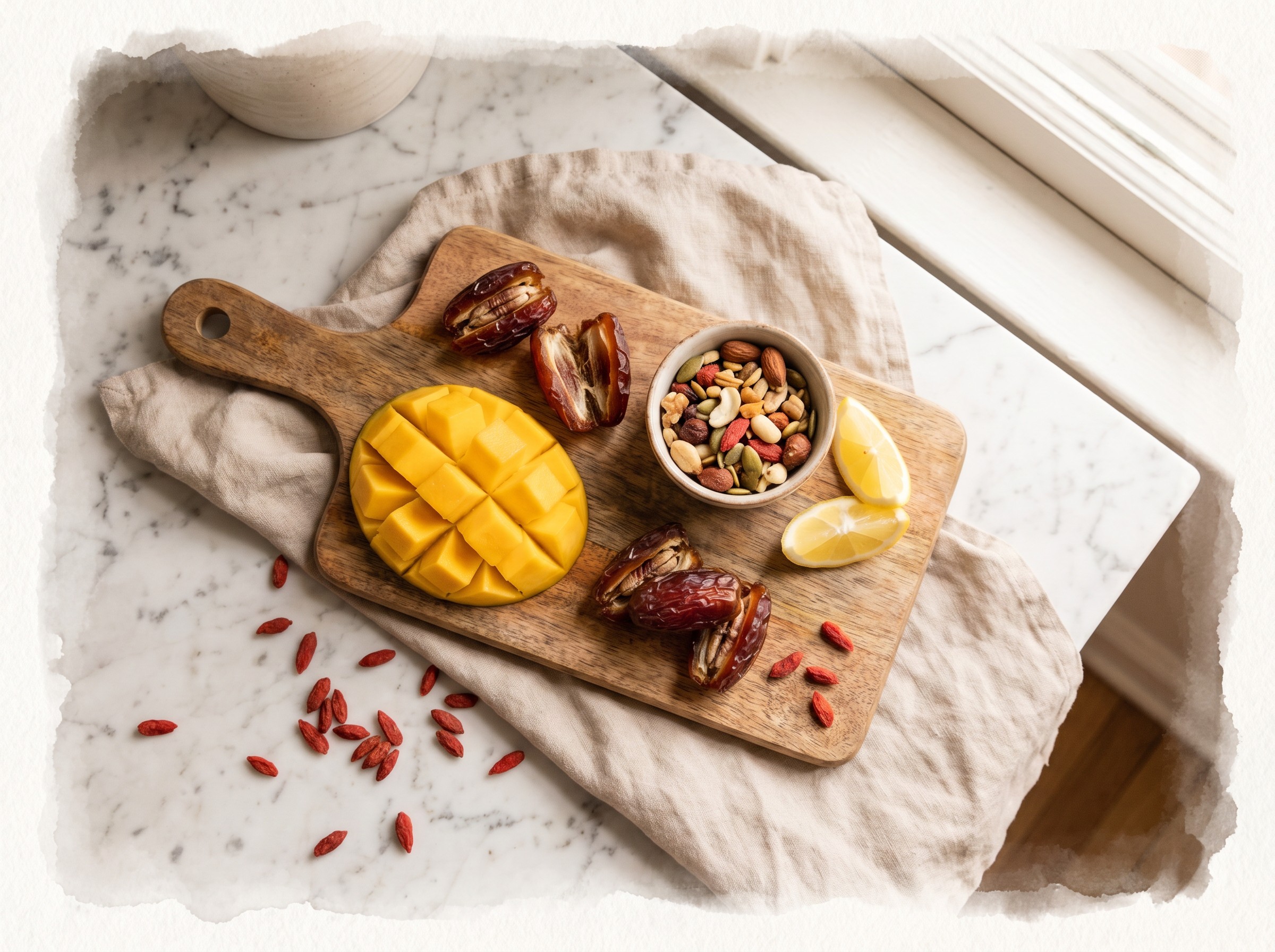 Mid-morning &mdash; mango, goji berries, dates