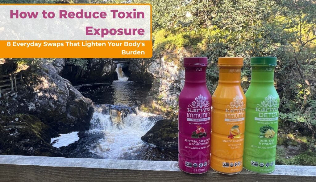 Three detox juice bottles by forest waterfall