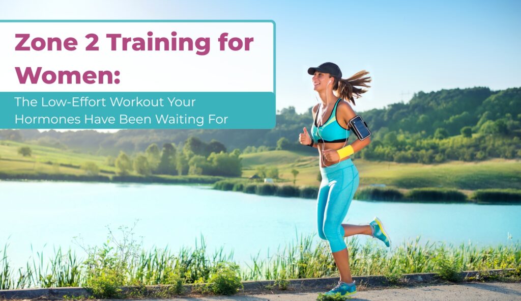Woman jogging by lake during Zone 2 workout