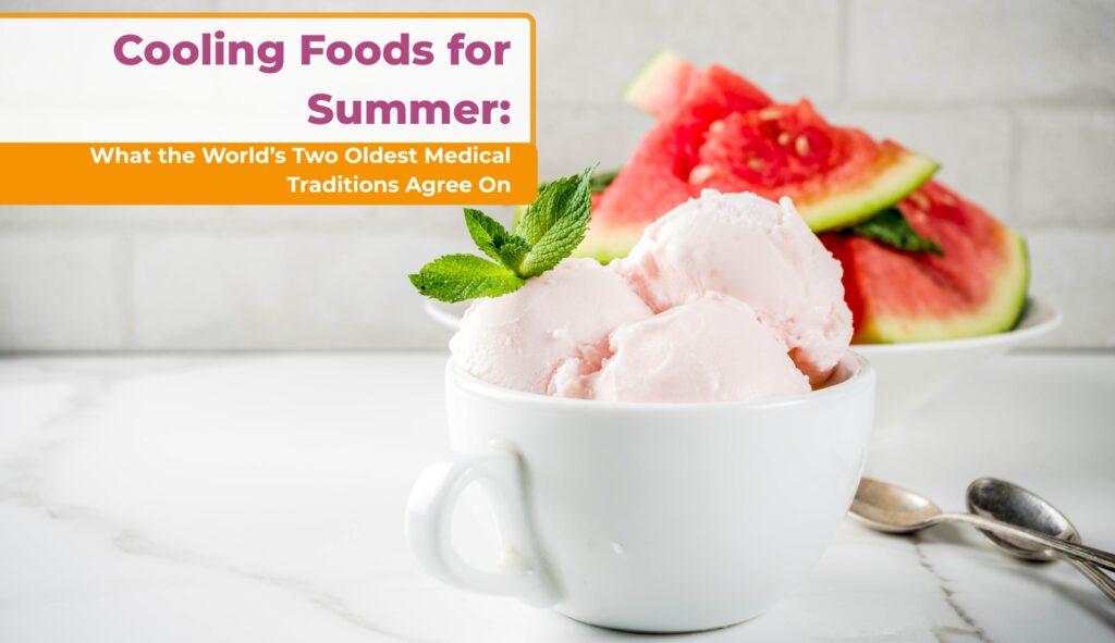 Pink ice cream with mint and watermelon slices